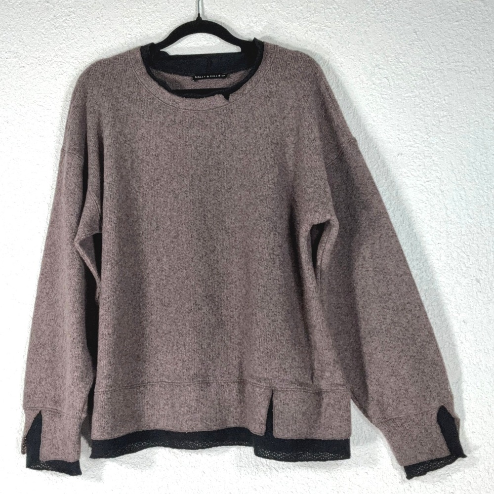 Nally & Millie Mauve Brown Sweater - L - Layered Trim Marled Knit Cozy Boho